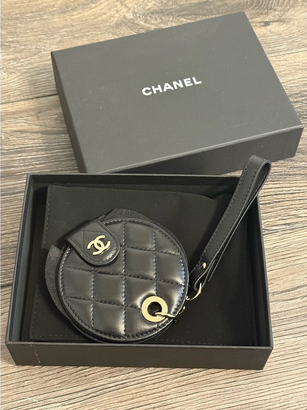 CHANEL Black Quilted Leather Round Luggage Tag